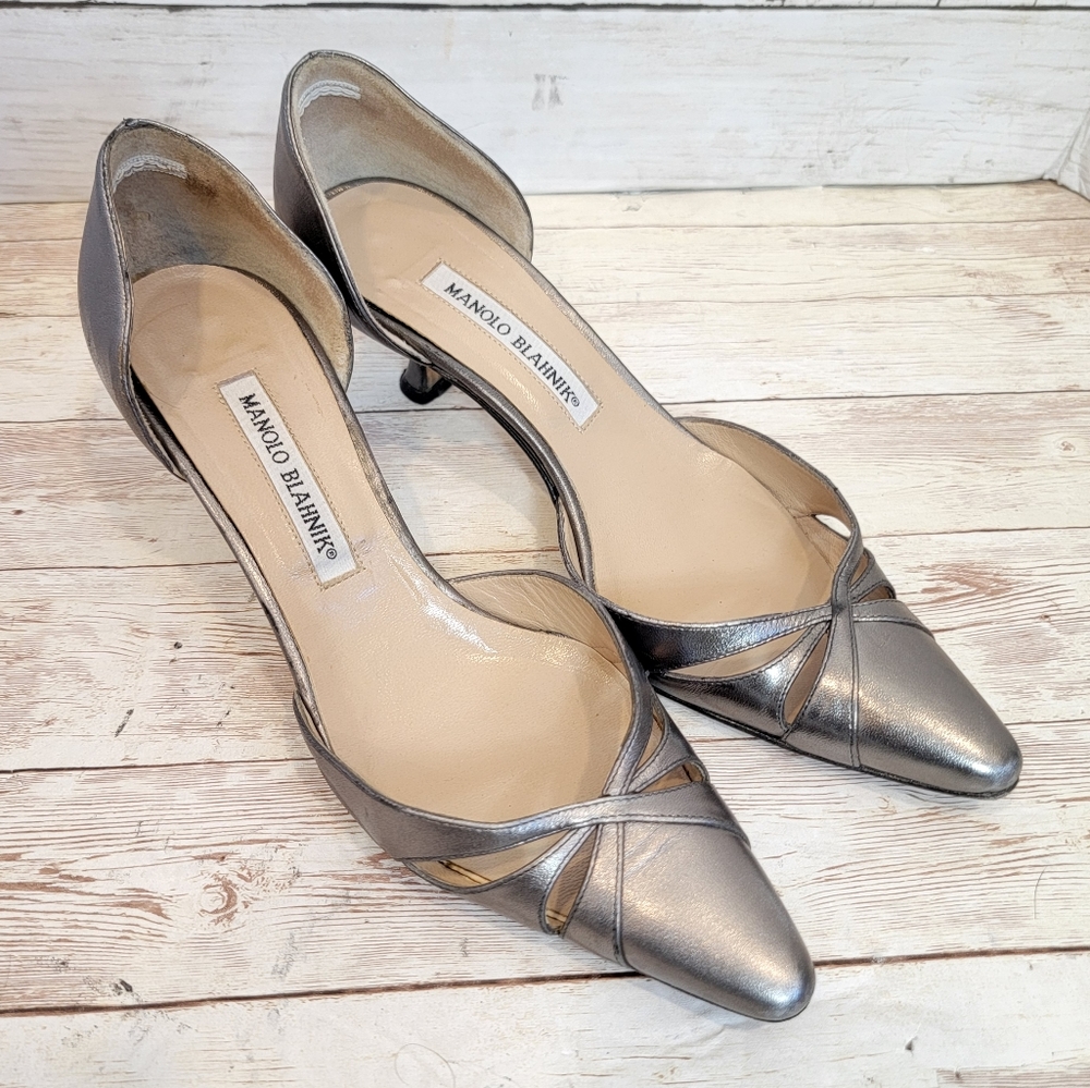 Manolo Blahnik Silver D'Orsay kitten heels